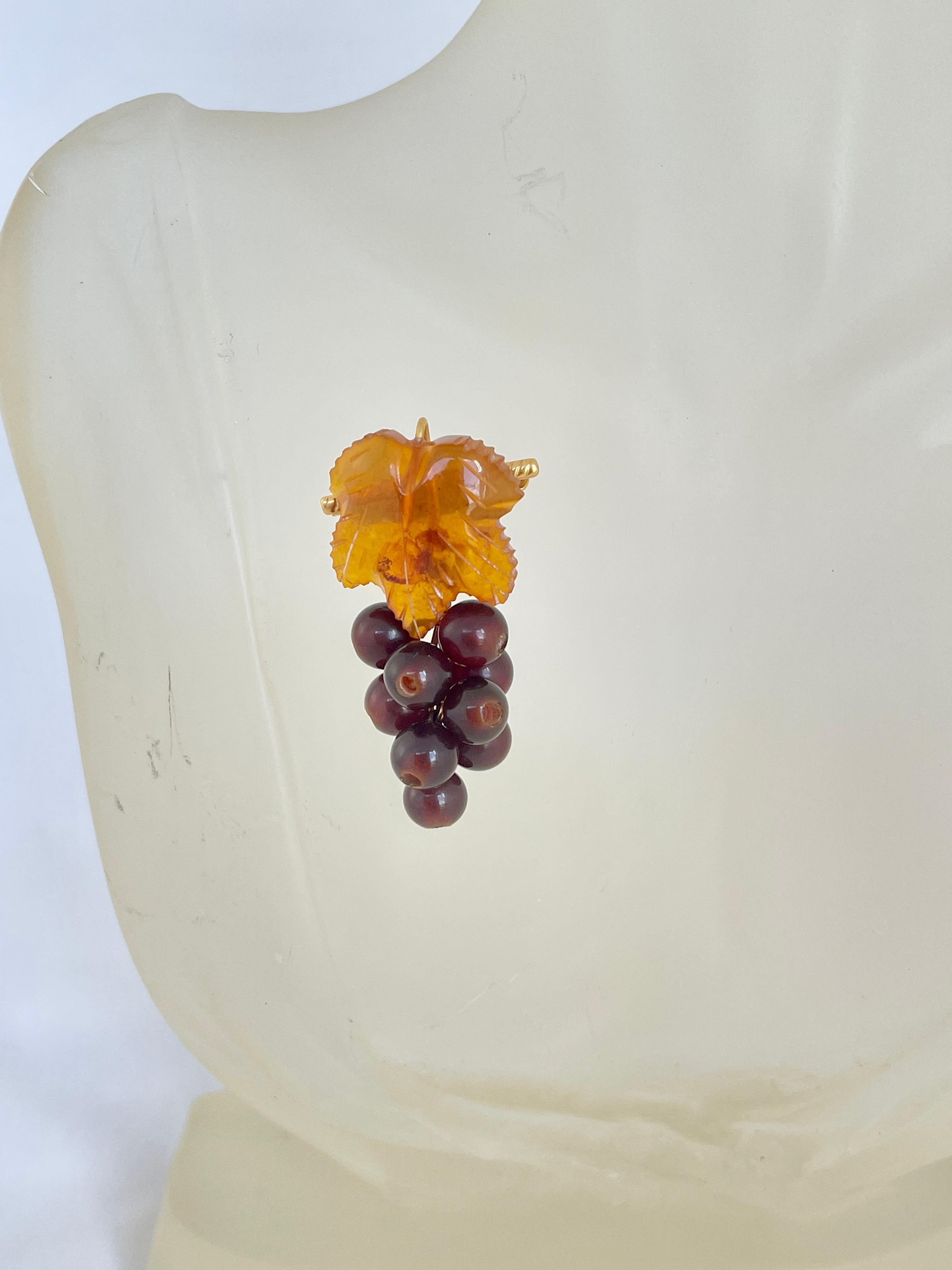 Russian Revival Vintage Russian Baltic Amber Leaf Grape Brooch Hallmarked Silver Gilt c1980s