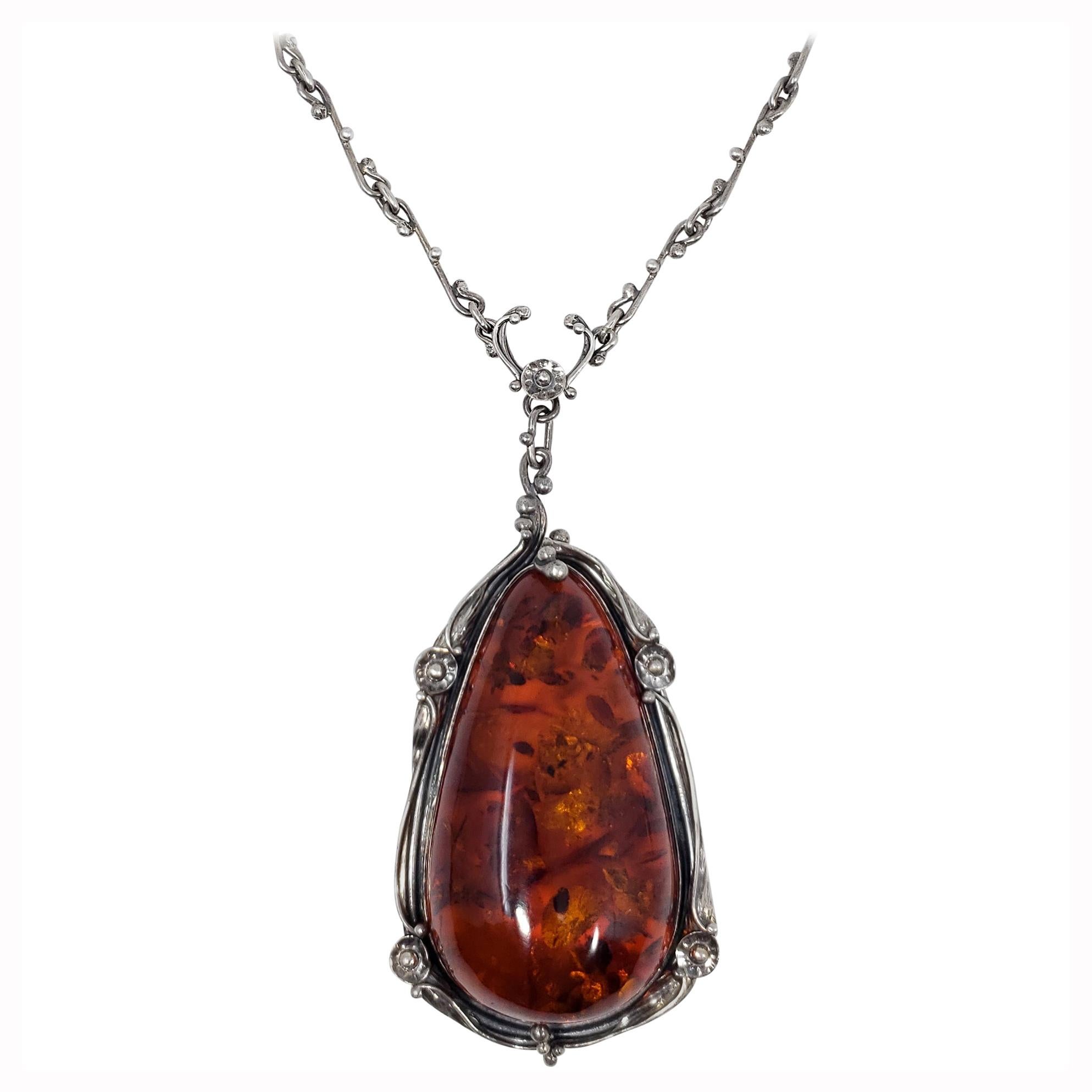 Vintage Russian Baltic Amber Pendant Necklace Sterling Silver Necklace and Bezel For Sale