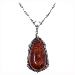 Used Russian Baltic Amber Pendant Necklace Sterling Silver Necklace and Bezel