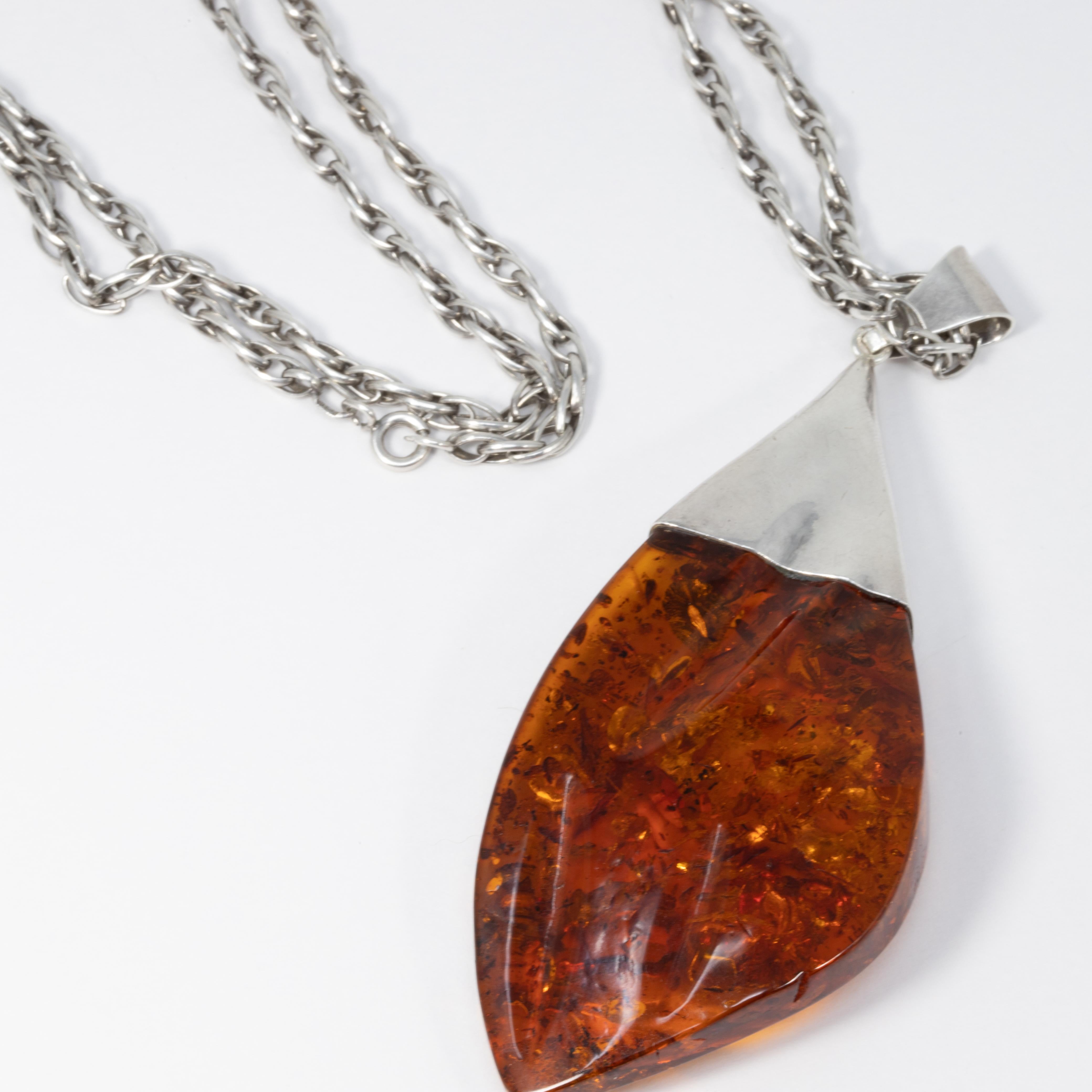 Russian Revival Vintage Russian Baltic Amber Pendant Necklace, Ornate Sterling Silver Necklace For Sale