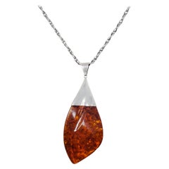 Used Russian Baltic Amber Pendant Necklace, Ornate Sterling Silver Necklace