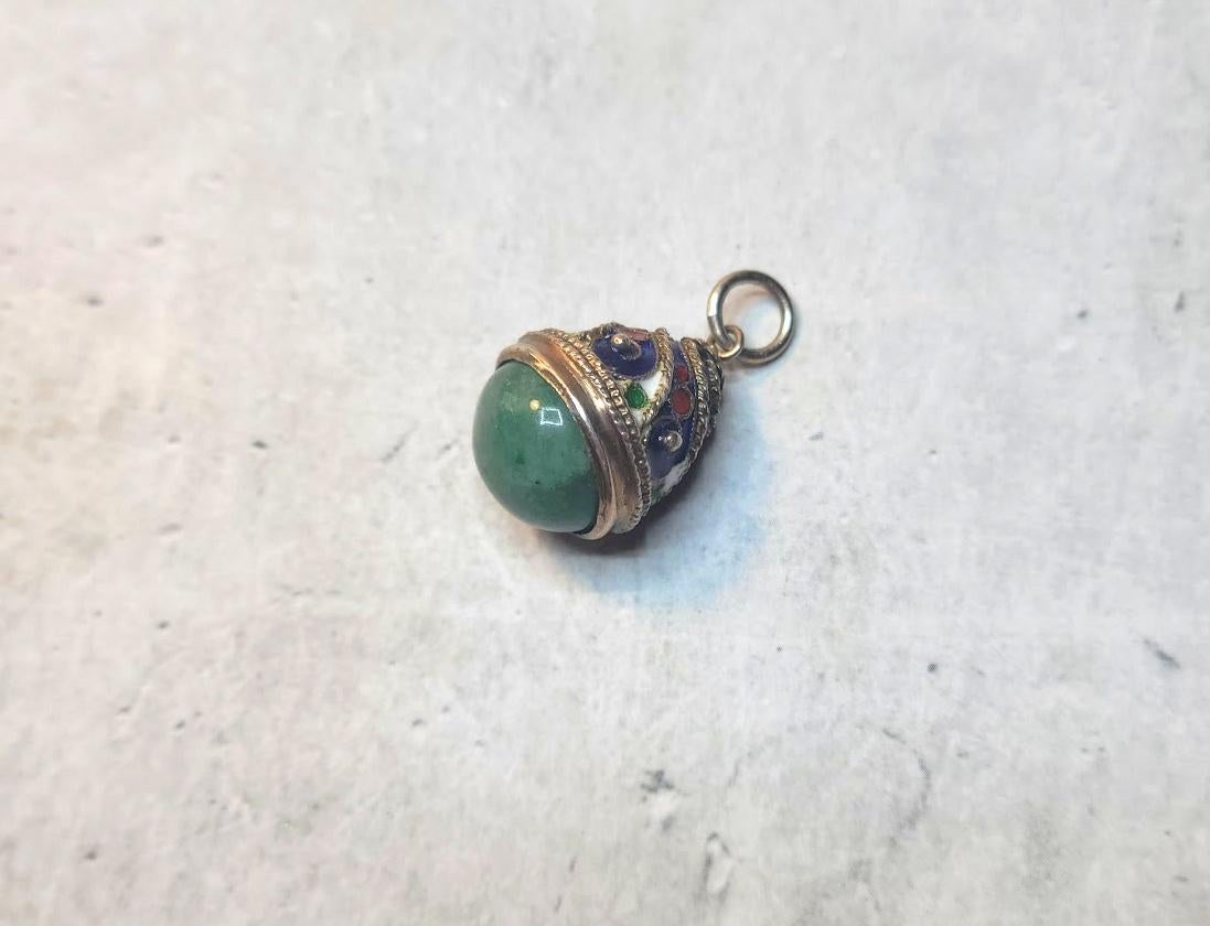 Cabochon Vintage Russian Cloisonne Enamel Egg Pendant with Natural Aventurine For Sale