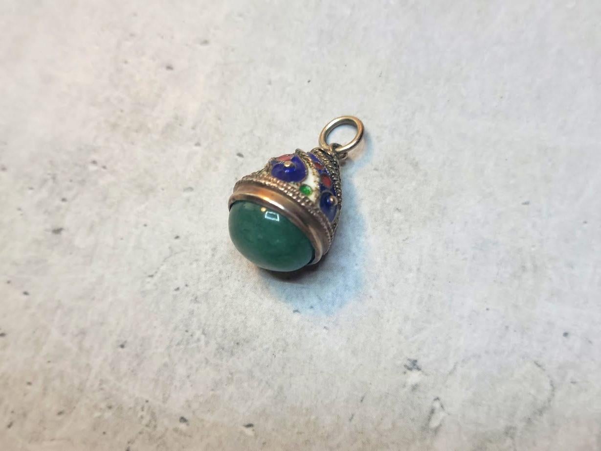 Women's or Men's Vintage Russian Cloisonne Enamel Egg Pendant with Natural Aventurine