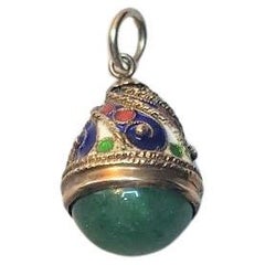 Vintage Russian Cloisonne Enamel Egg Pendant with Natural Aventurine