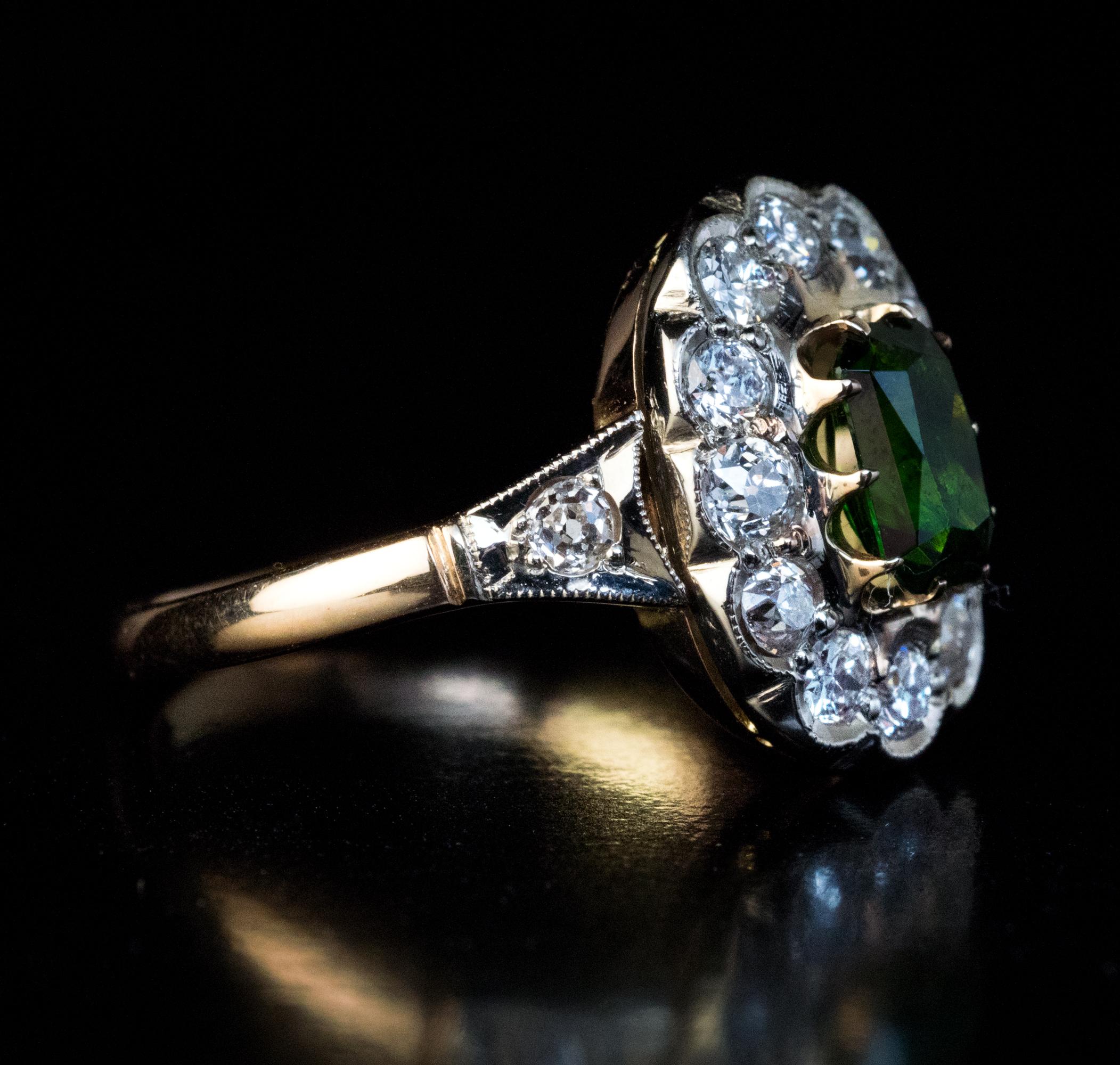 Old Mine Cut Vintage Russian Demantoid Diamond Engagement Ring For Sale