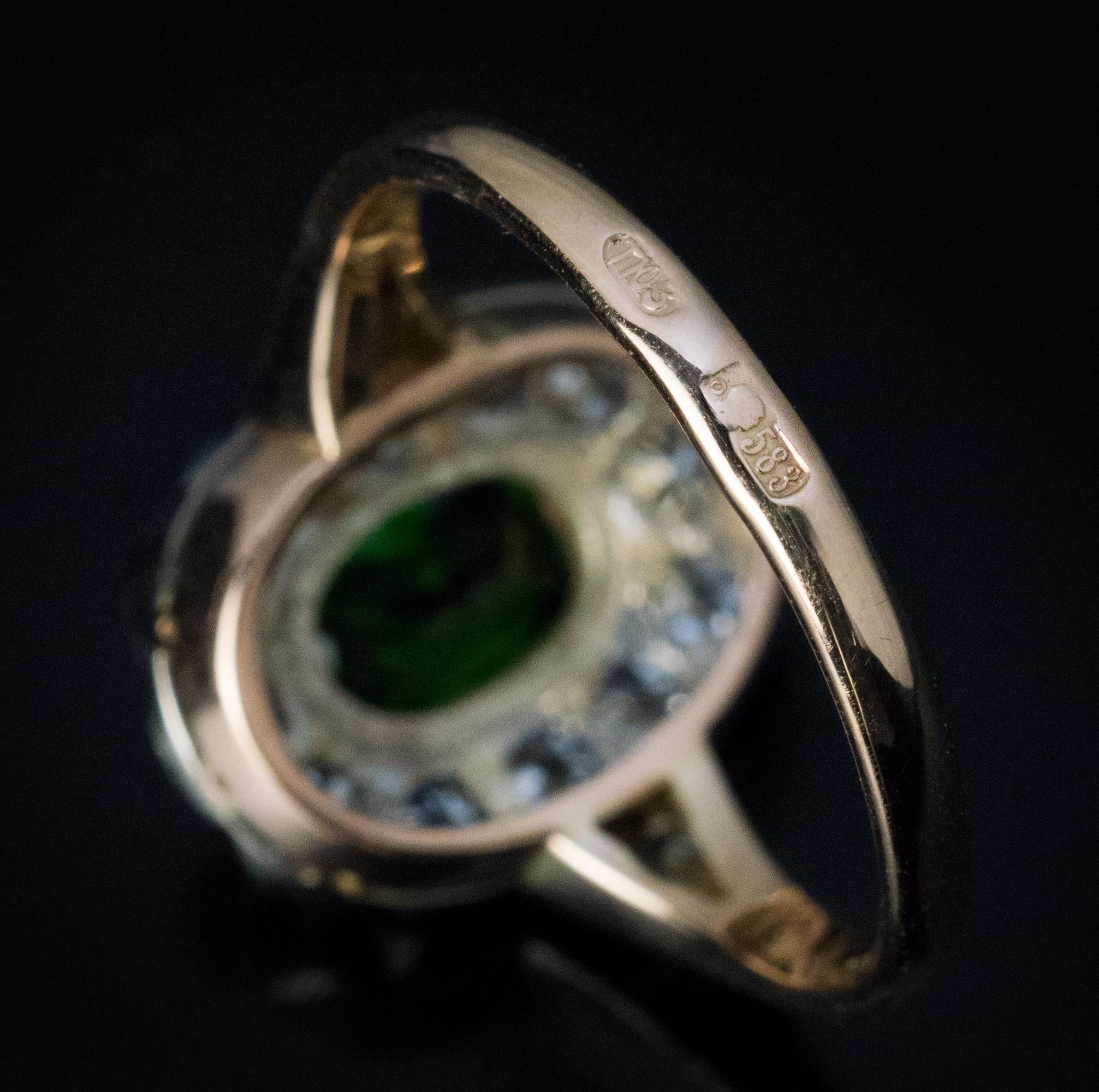 Vintage Russian Demantoid Diamond Engagement Ring In Excellent Condition For Sale In Chicago, IL