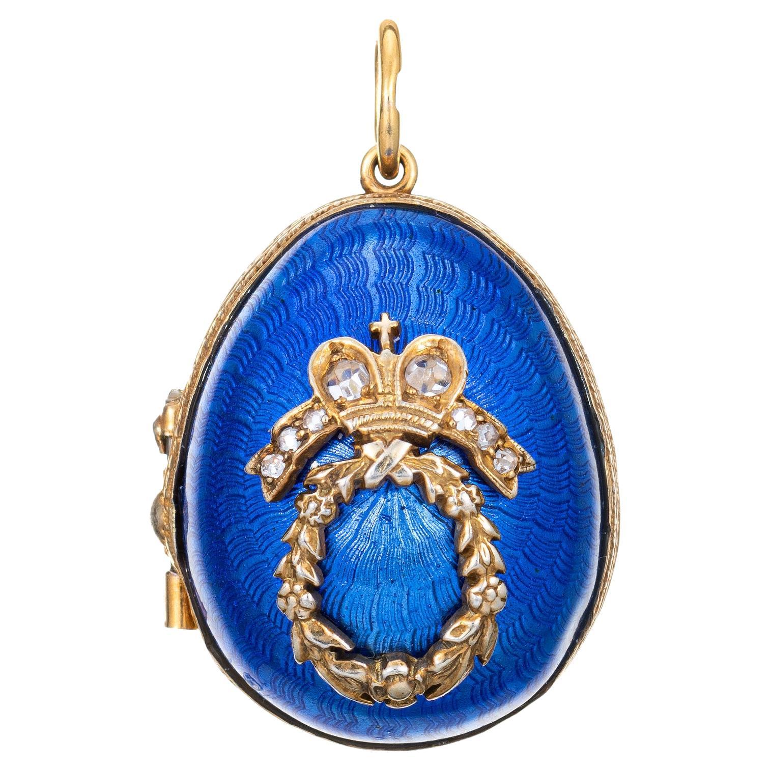 Vintage Russian Egg Charm Guilloche Enamel Diamond Opens Silver Gilt Jewelry