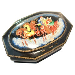 Vintage Russian Fable Lacquered Box, Hand-Painted, Signed, Late 20th Century