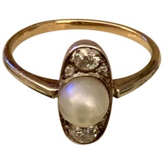 Vintage Russian Hallmarked Pearl and Euro Cut Diamond 14 Karat Yellow Gold Ring