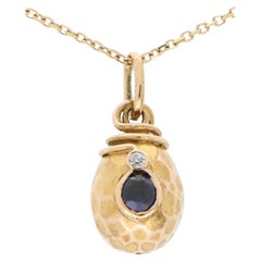 Vintage Russian Sapphire and Diamond Egg Pendant Charm in 14k Yellow Gold