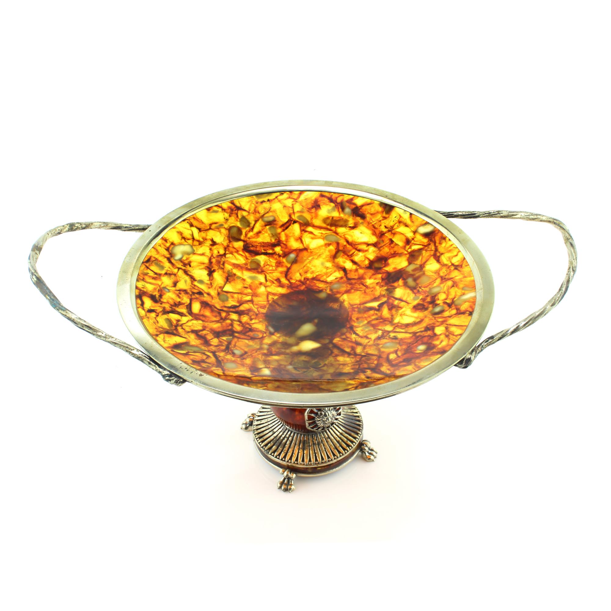 Vintage Russian Silver and Amber Tazza Dish, circa 1990s In Excellent Condition In Braintree, GB