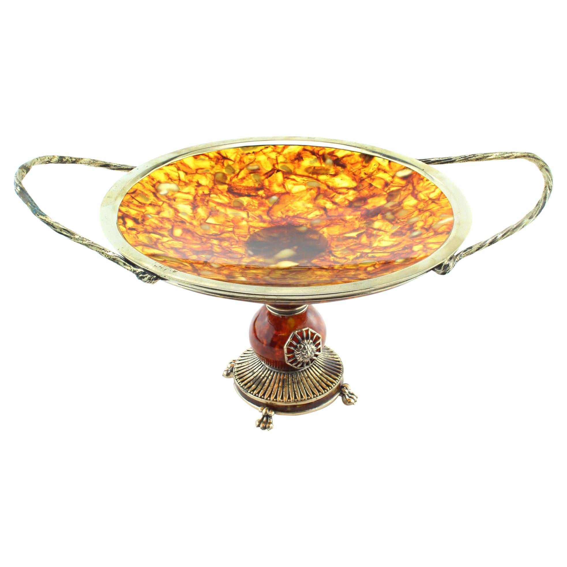 Vintage Russian Silver and Amber Tazza Dish, circa 1990s