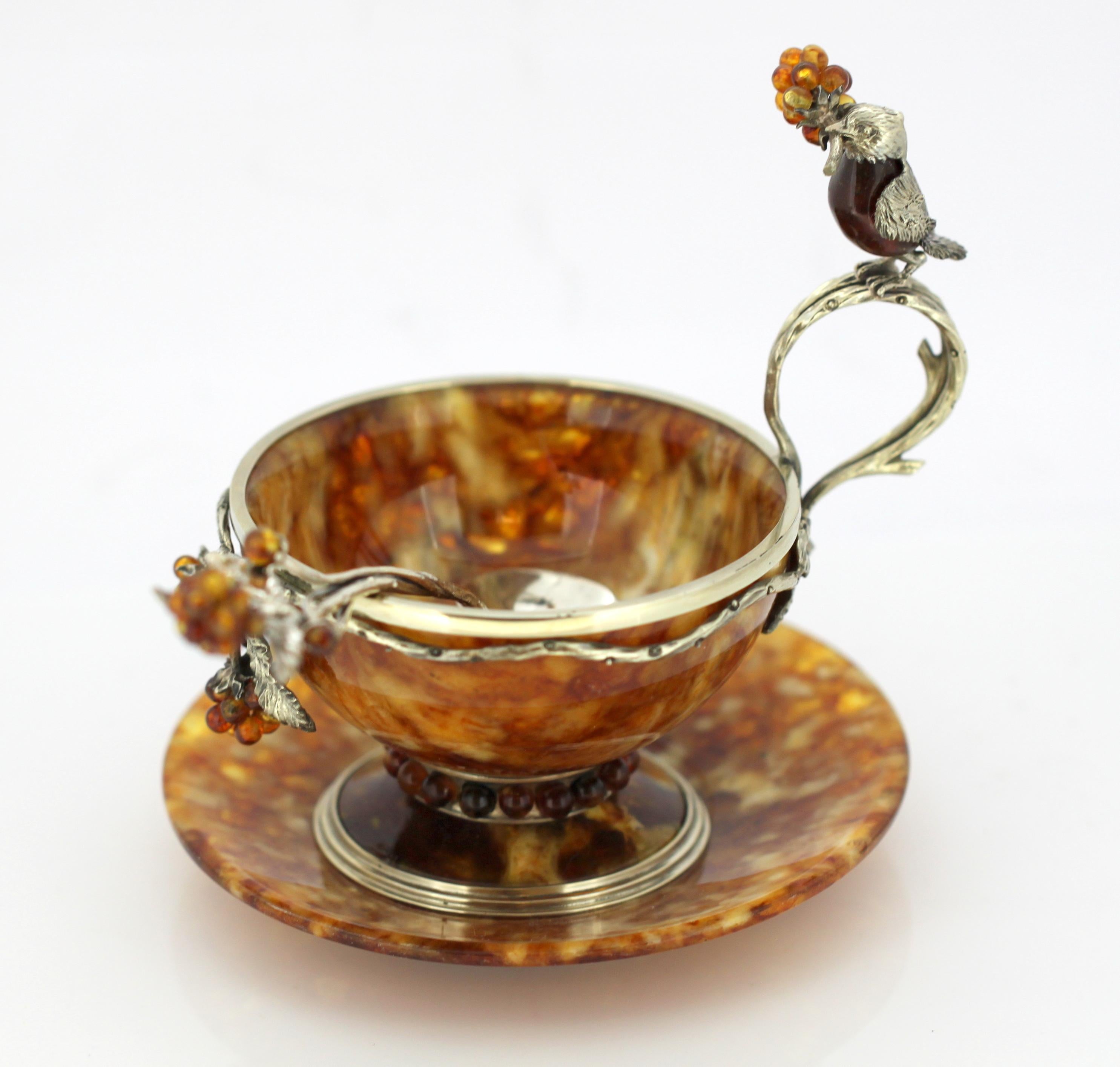 Vintage Russian Silver and Amber Tea Cup Set, Russia, circa 1990s In Excellent Condition In Braintree, GB