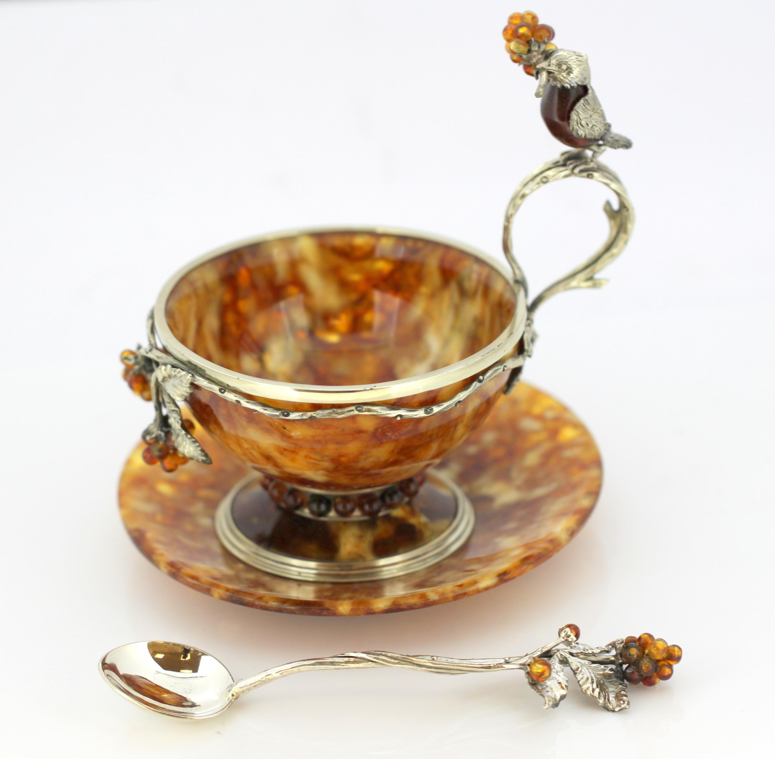 Late 20th Century Vintage Russian Silver and Amber Tea Cup Set, Russia, circa 1990s