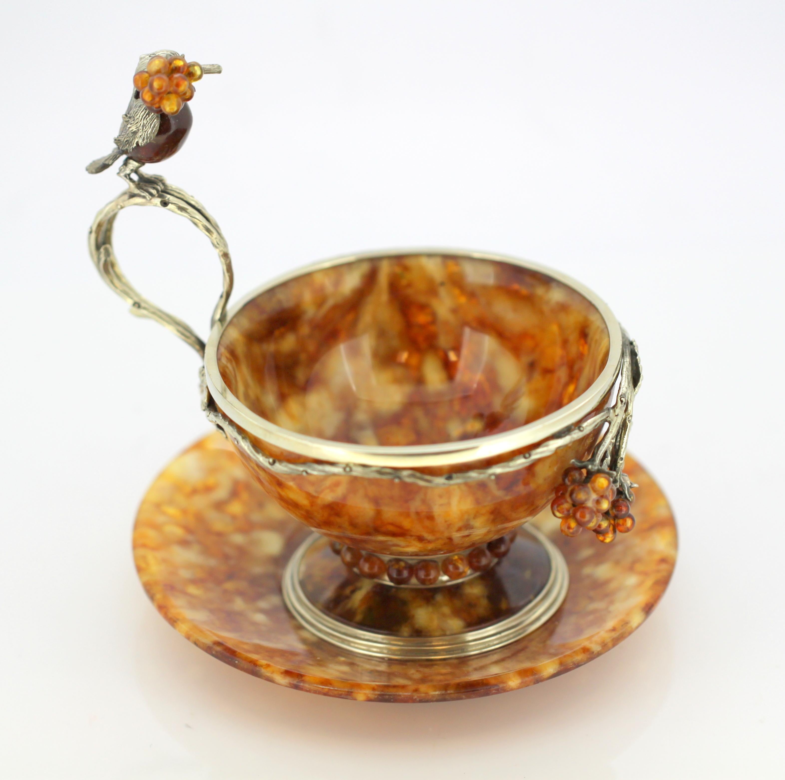 Vintage Russian Silver and Amber Tea Cup Set, Russia, circa 1990s 1