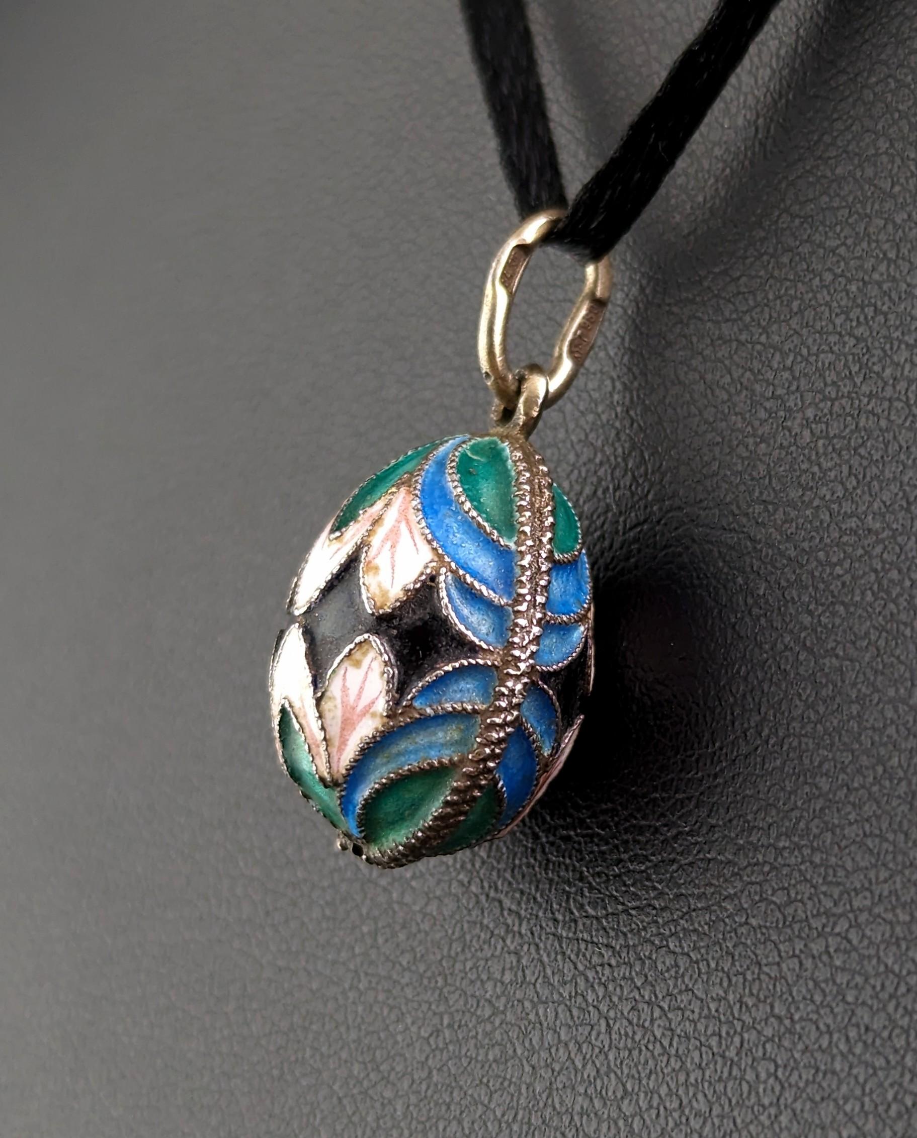 Women's or Men's Vintage Russian silver and enamel Easter egg pendant