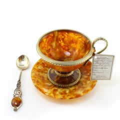 Service à thé russe vintage en argent et ambre naturelle baltique dans sa boîte d'origine