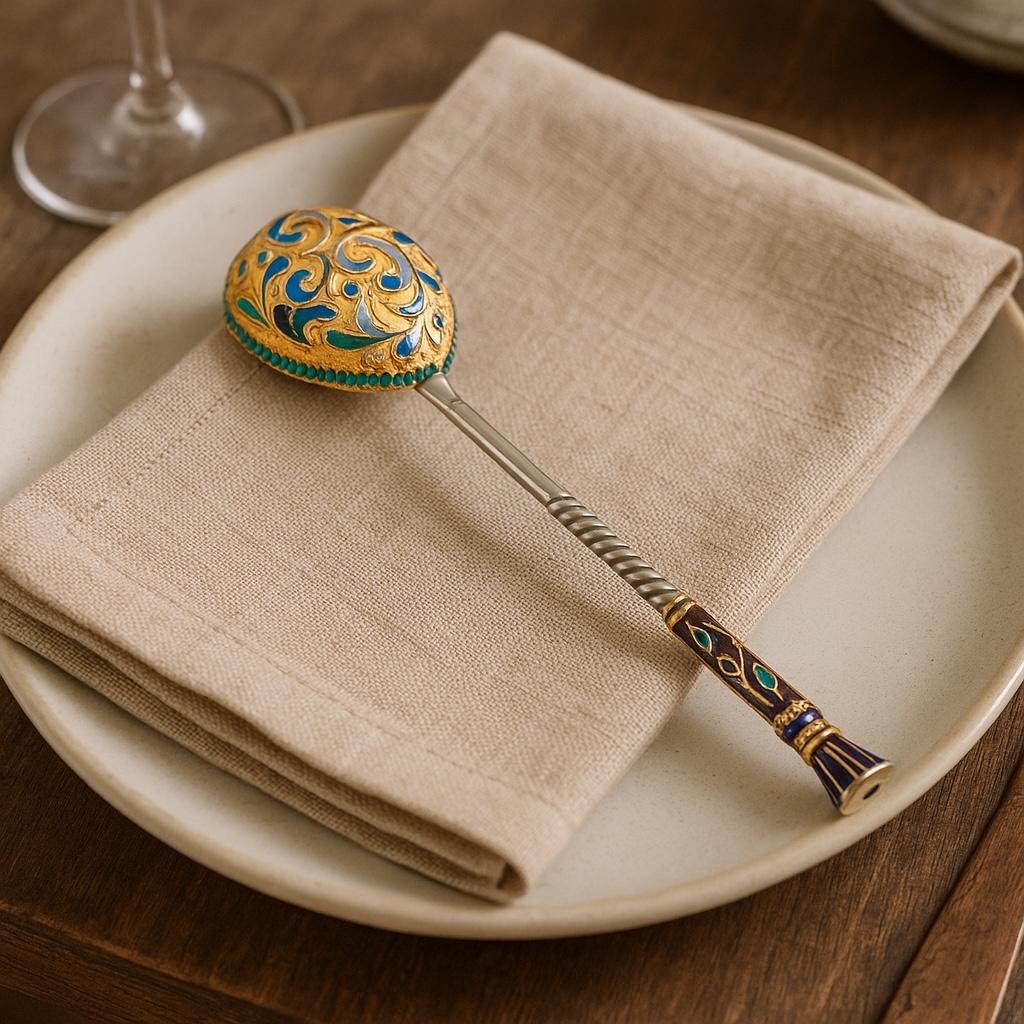Rehaussez votre collection ou votre table avec cette exquise cuillère à thé en argent russe ancien et émail cloisonné, un chef-d'œuvre de l'orfèvrerie russe traditionnelle et de l'art de l'émail. Fabriquée en argent doré et entièrement poinçonnée