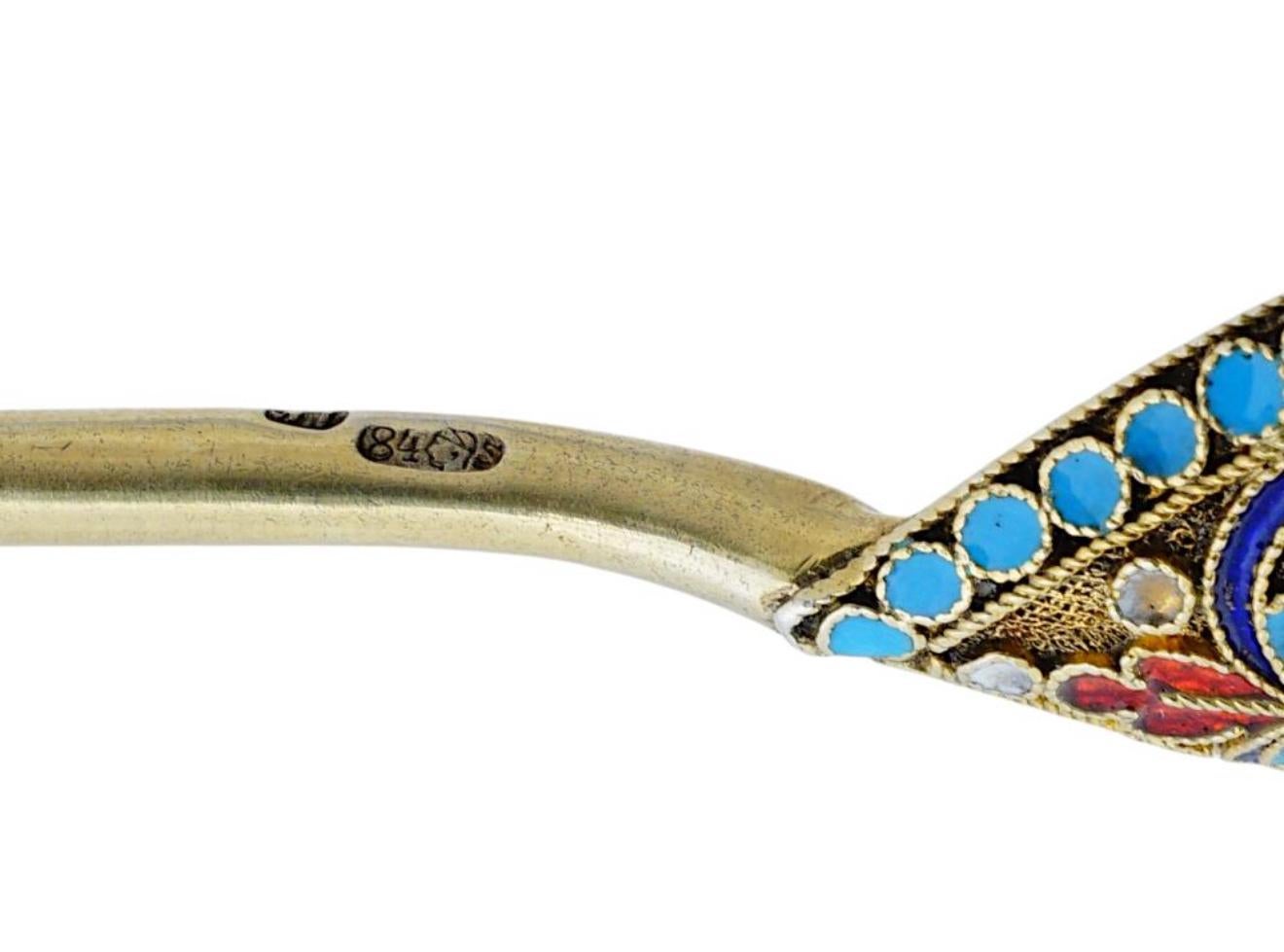 Vintage Russian Silver Cloisonné Enamel Tea Spoon Gilt Twisted Stem (cuillère à thé russe en argent cloisonné) en vente 1