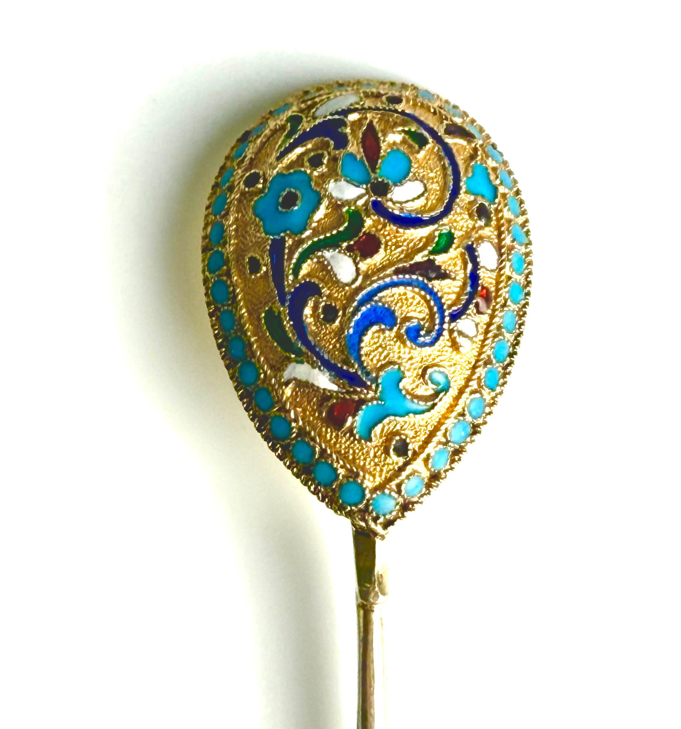 Vintage Russian Silver Cloisonné Enamel Tea Spoon Gilt Twisted Stem (cuillère à thé russe en argent cloisonné) en vente 2