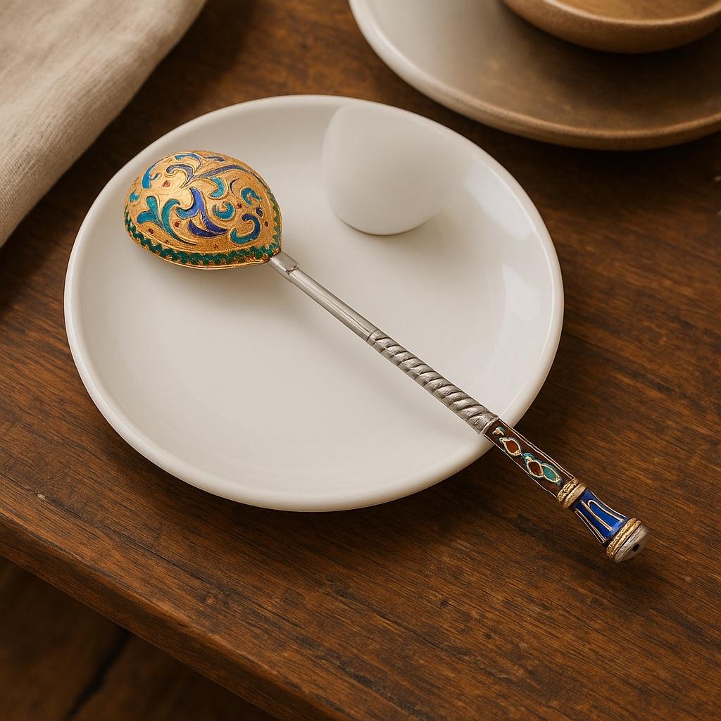 Vintage Russian Silver Cloisonné Enamel Tea Spoon Gilt Twisted Stem (cuillère à thé russe en argent cloisonné) Unisexe en vente