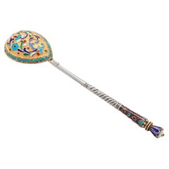Vintage Russian Silver Cloisonné Enamel Tea Spoon Gilt Twisted Stem (cuillère à thé russe en argent cloisonné)