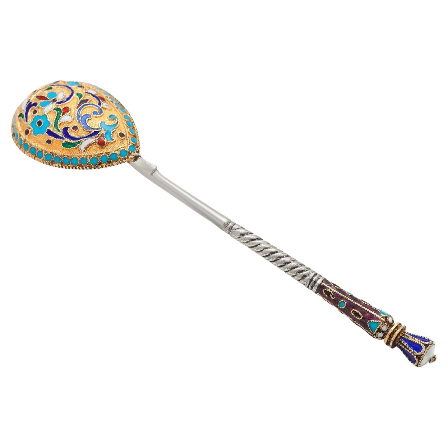 Vintage Russian Silver Cloisonné Enamel Tea Spoon Gilt Twisted Stem