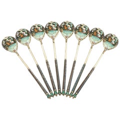 Vintage Russian Silver Gilt and Polychrome Cloisonné Enamel Spoons