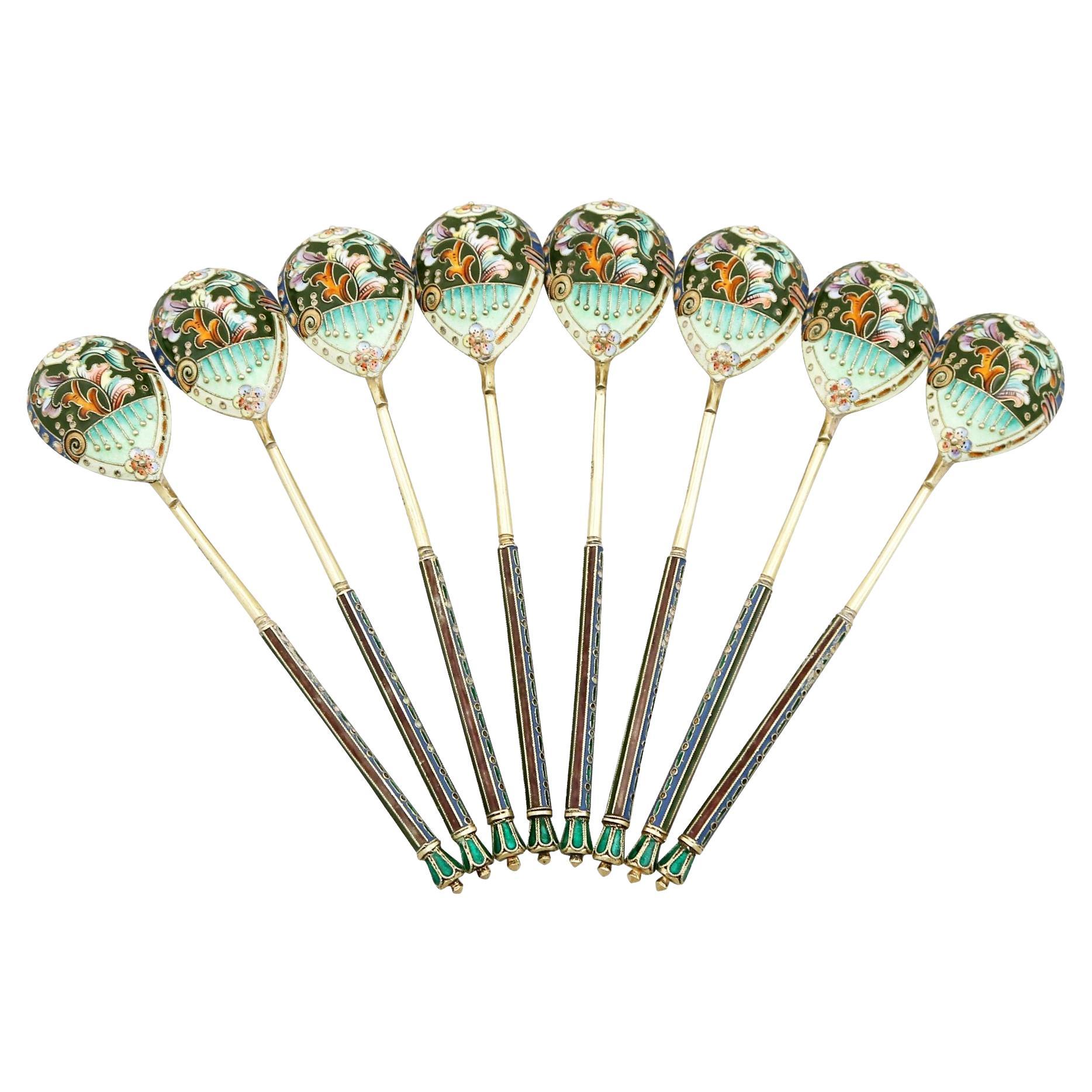 Vintage Russian Silver Gilt and Polychrome Cloisonné Enamel Spoons For Sale