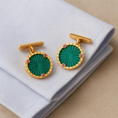 Vintage Russian Silver Gold Tone Guilloché Enamel and Cabochon Ruby Cufflinks