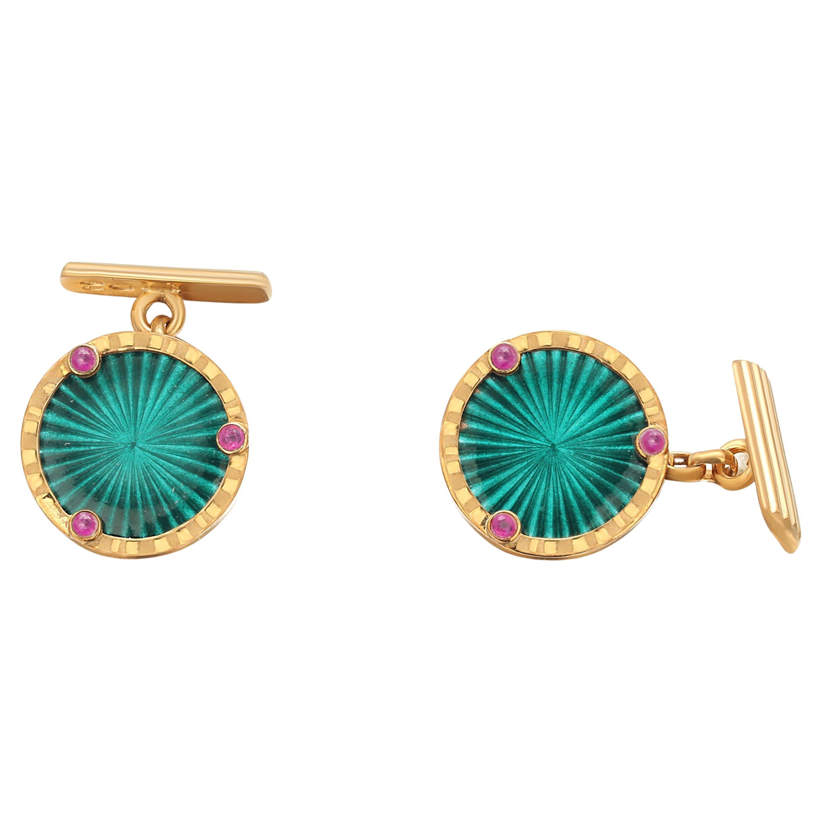 Vintage Russian Silver Gold Tone Guilloché Enamel and Cabochon Ruby Cufflinks