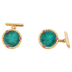 Vintage Russian Silver Gold Tone Guilloché Enamel and Cabochon Ruby Cufflinks