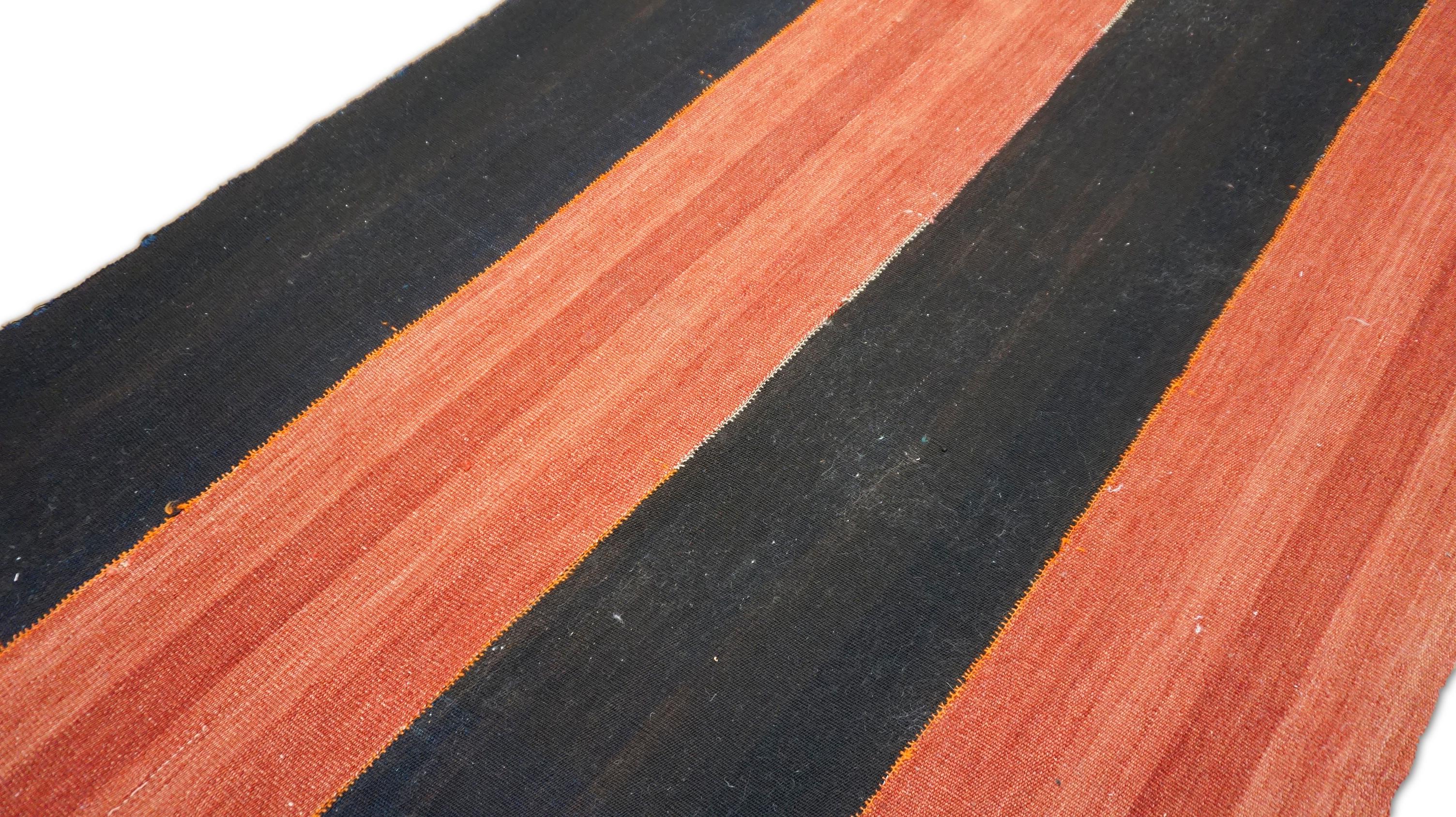 Vintage Rust Charcoal Brown Striped Hemp Flatweave Rug 4'10''x11'2'' (Türkisch) im Angebot