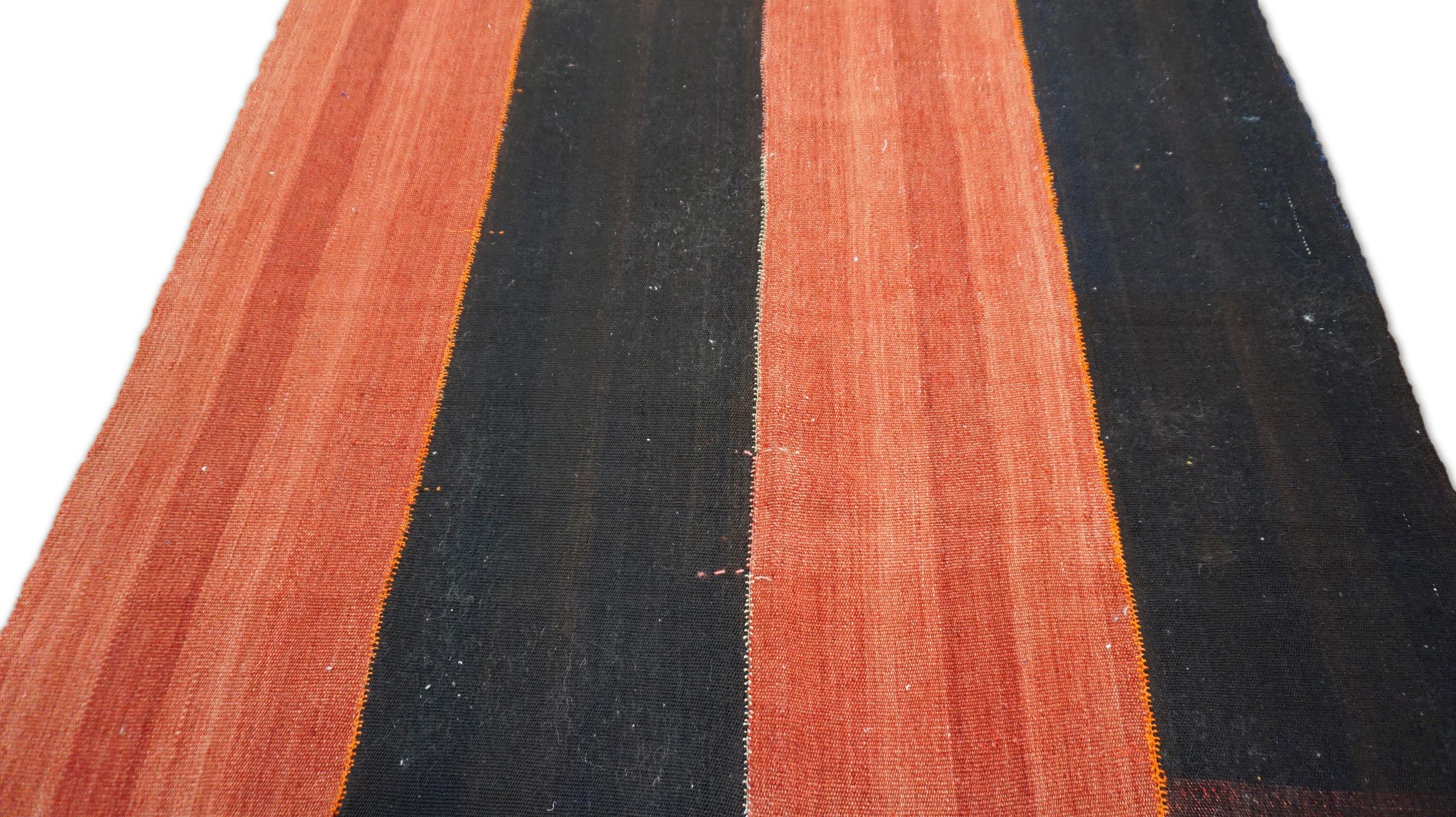 Vintage Rust Charcoal Brown Striped Hemp Flatweave Rug 4'10''x11'2'' (Handgewebt) im Angebot