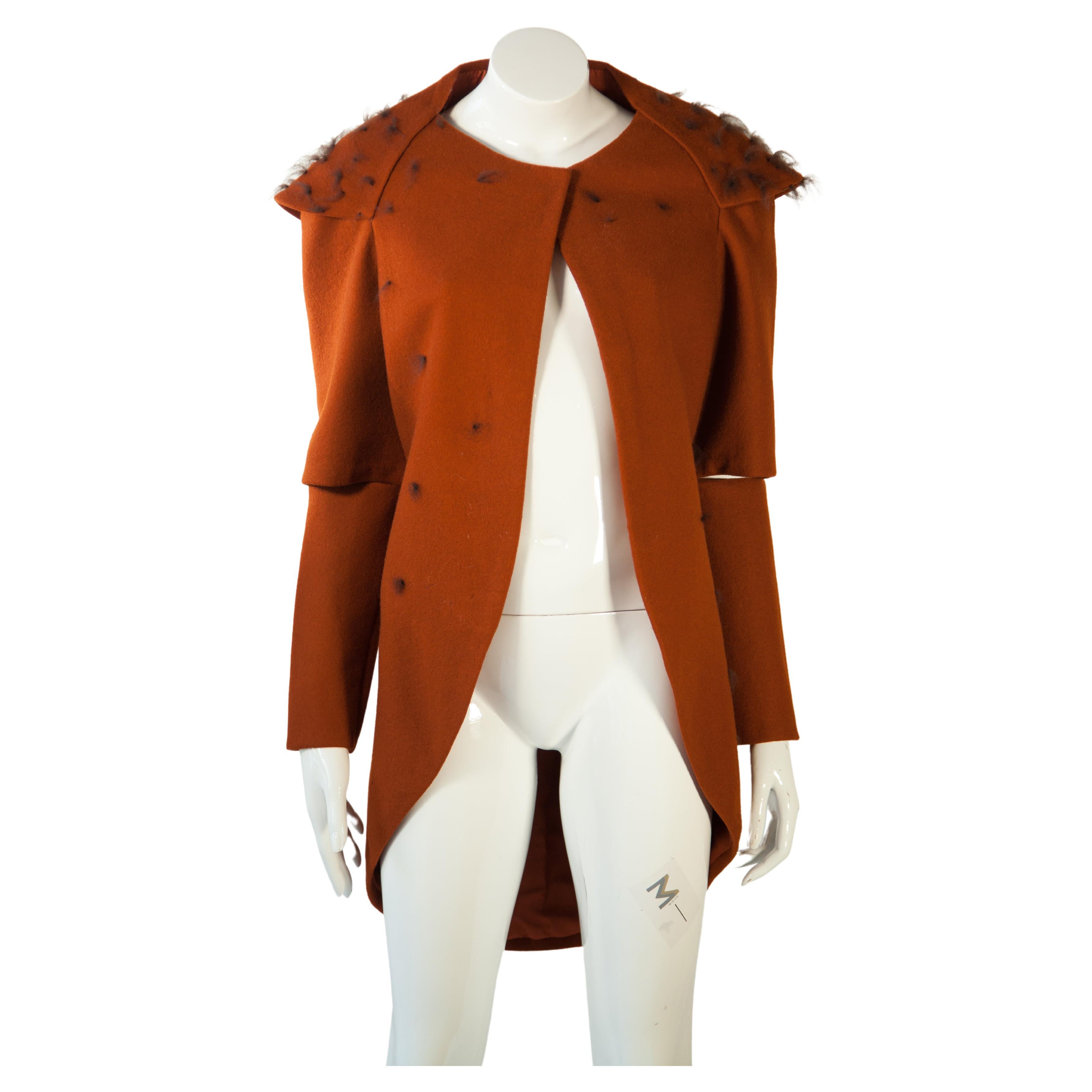 Italian Dovetail Orange-Brown Felt Jacket with Detachable Sleeves and Fur Detail