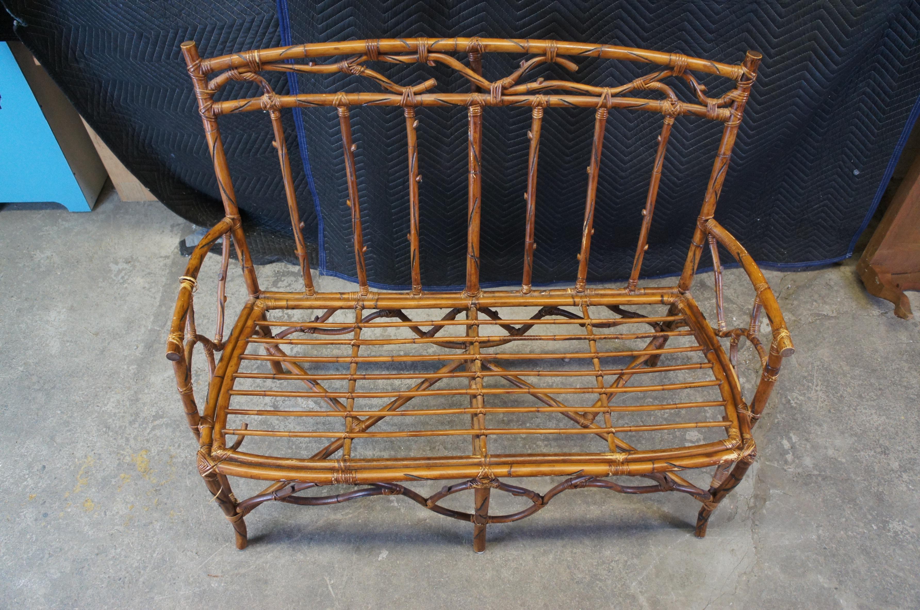 Vintage Rustic Bamboo Rattan Bent Wood Adirondak Tree Branch Bench Settee In Good Condition For Sale In Dayton, OH