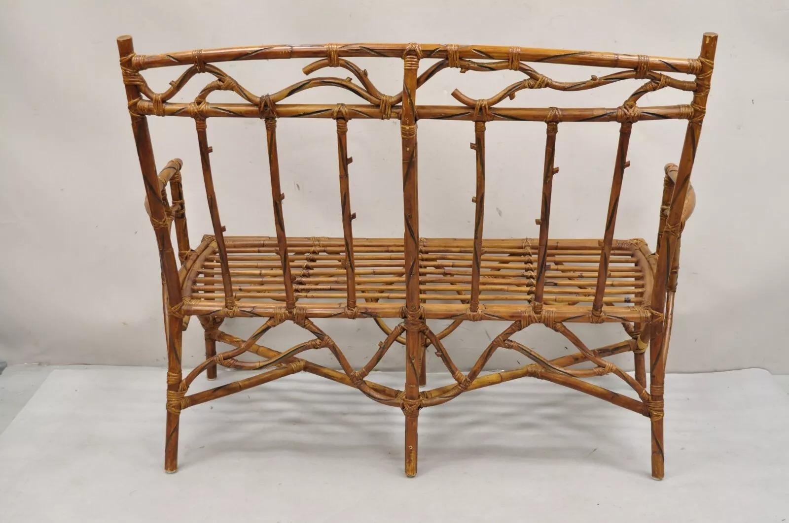 Vintage Rustic Bamboo Rattan Tree Branch Form Adirondack Bench Settee For Sale 4