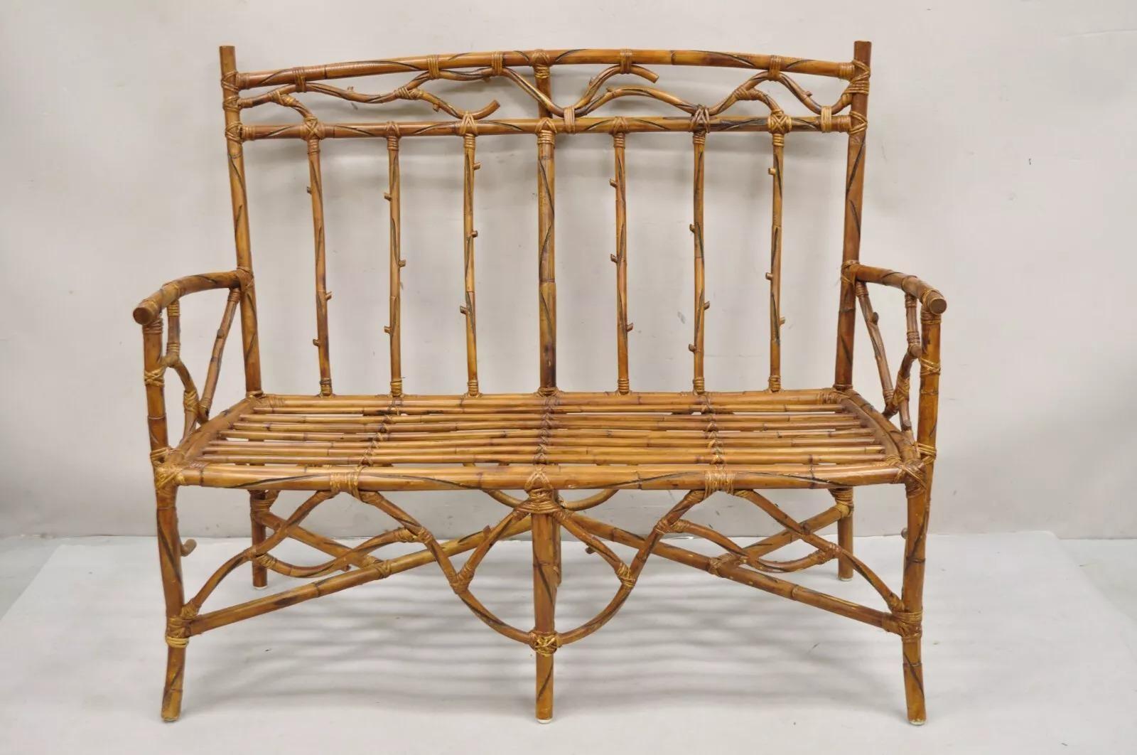 Vintage Rustic Bamboo Rattan Tree Branch Form Adirondack Bench Settee. Circa Late 20th Century. Measurements: 40