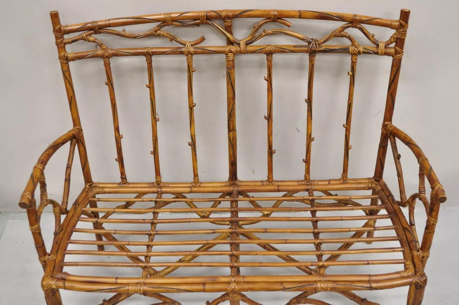Unknown Vintage Rustic Bamboo Rattan Tree Branch Form Adirondack Bench Settee For Sale