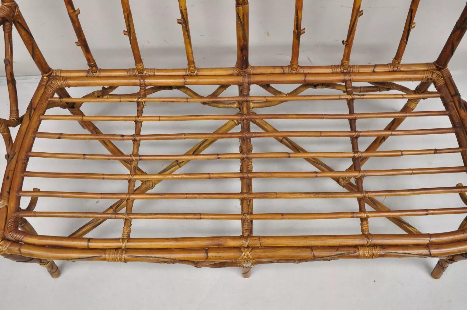 Vintage Rustic Bamboo Rattan Tree Branch Form Adirondack Bench Settee In Good Condition For Sale In Philadelphia, PA