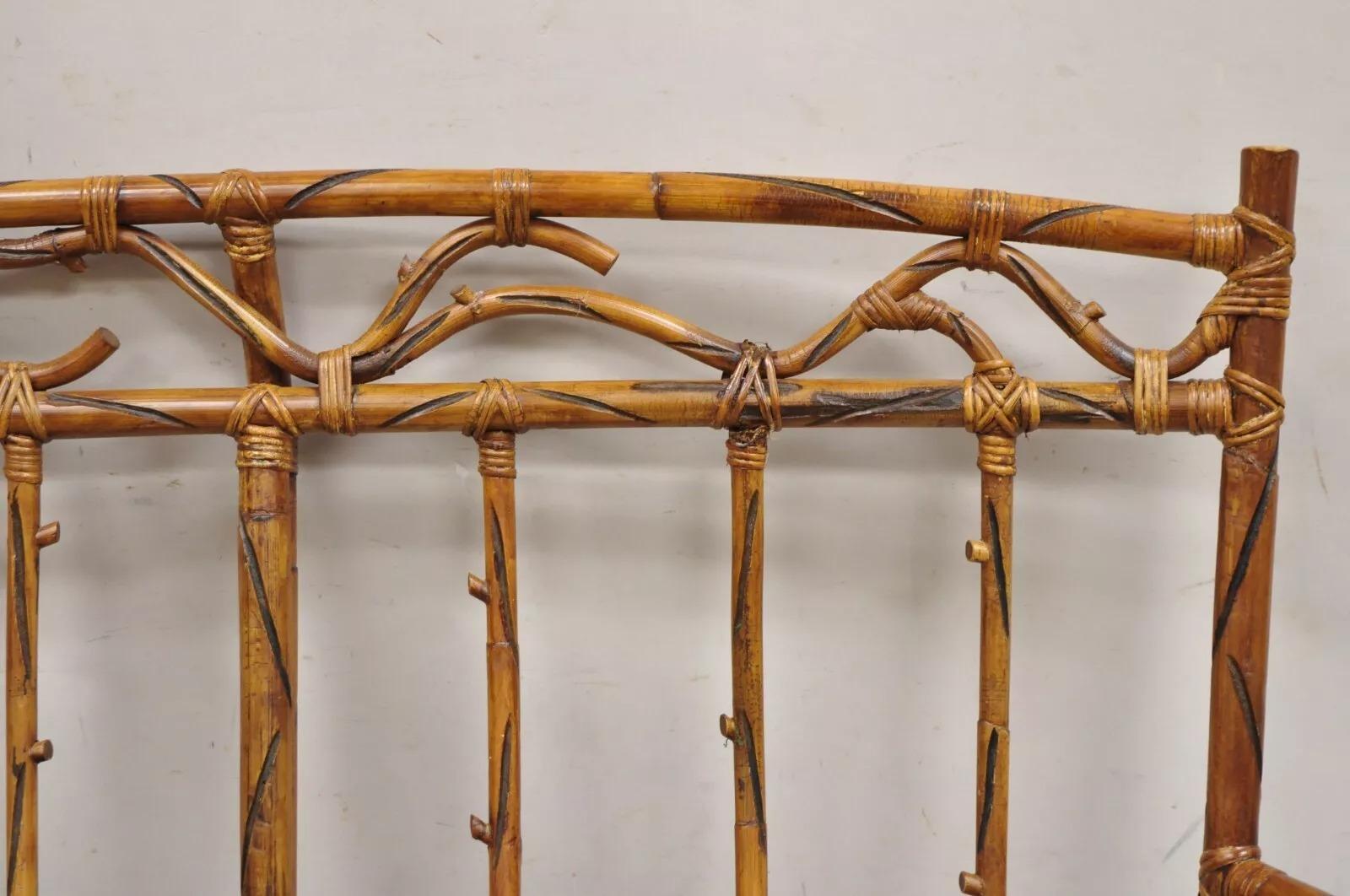 Wood Vintage Rustic Bamboo Rattan Tree Branch Form Adirondack Bench Settee For Sale
