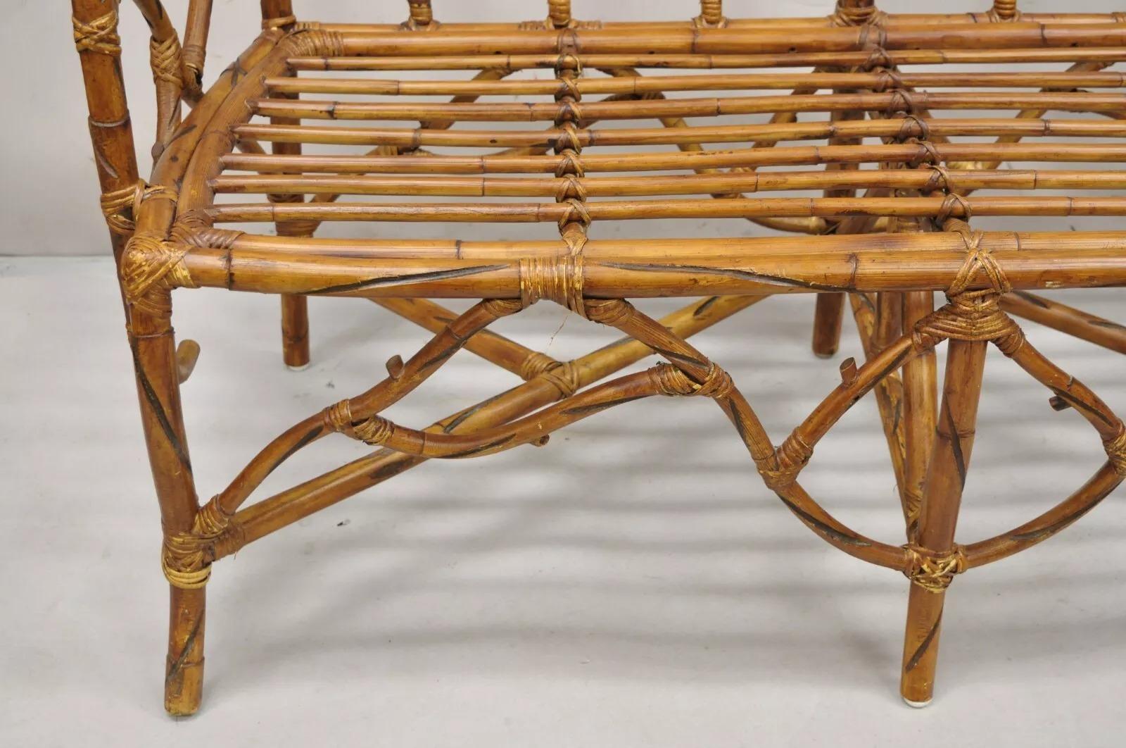 Vintage Rustic Bamboo Rattan Tree Branch Form Adirondack Bench Settee For Sale 2