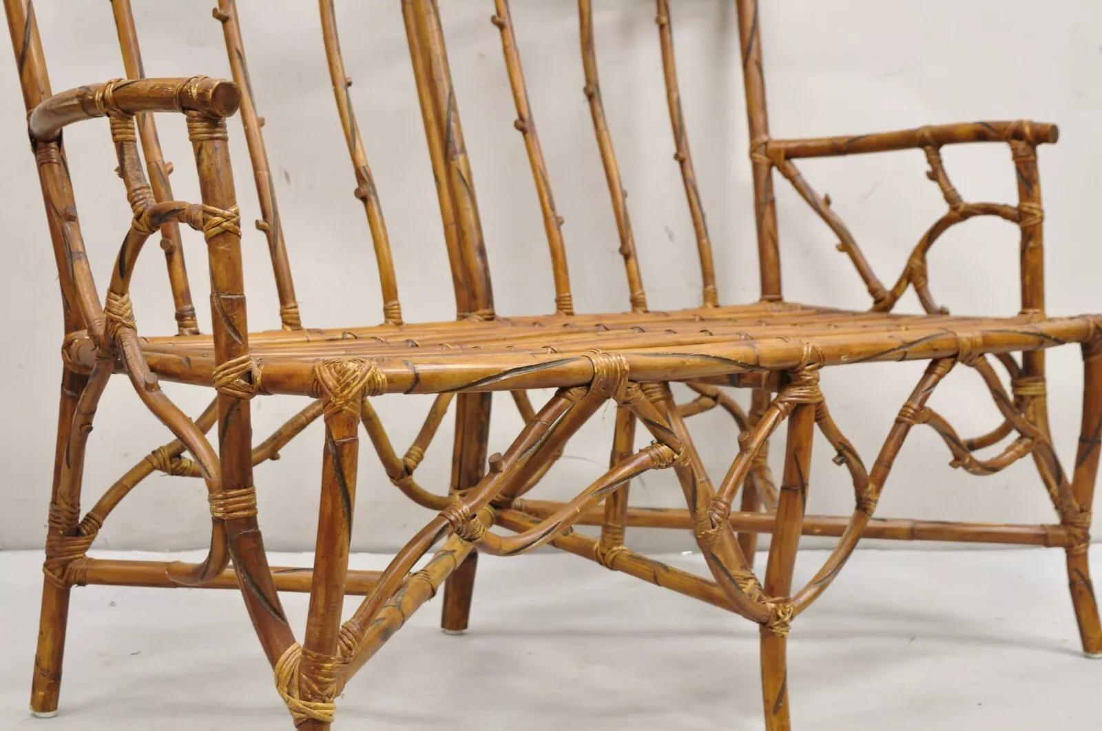 Vintage Rustic Bamboo Rattan Tree Branch Form Adirondack Bench Settee For Sale 3