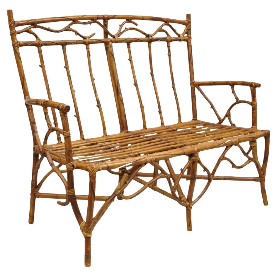 Vintage Rustic Bamboo Rattan Tree Branch Form Adirondack Bench Settee For Sale