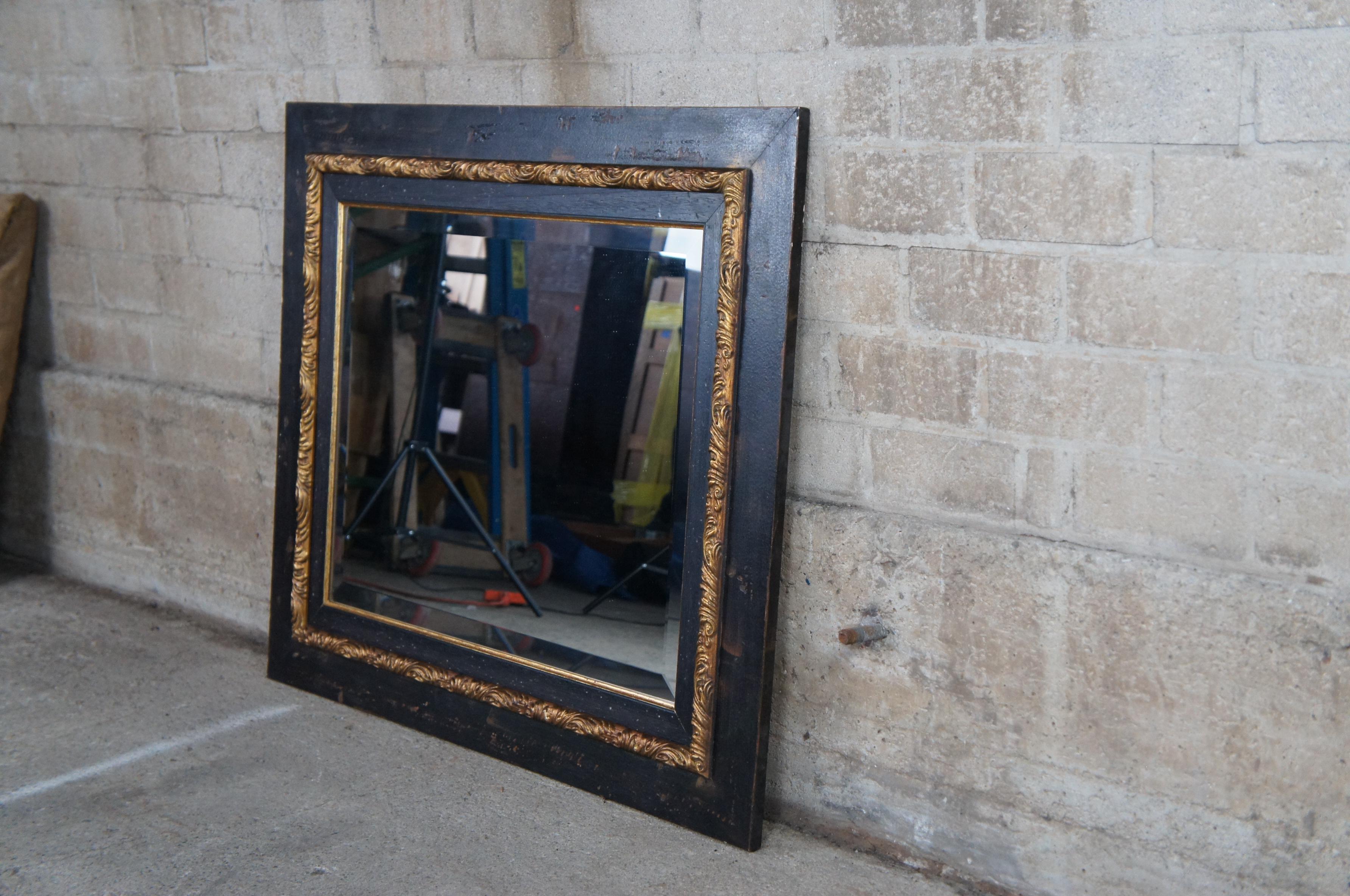 Vintage Rustic Black Gold Acanthus Rectangular Beveled Wall Vanity Mirror In Good Condition In Dayton, OH
