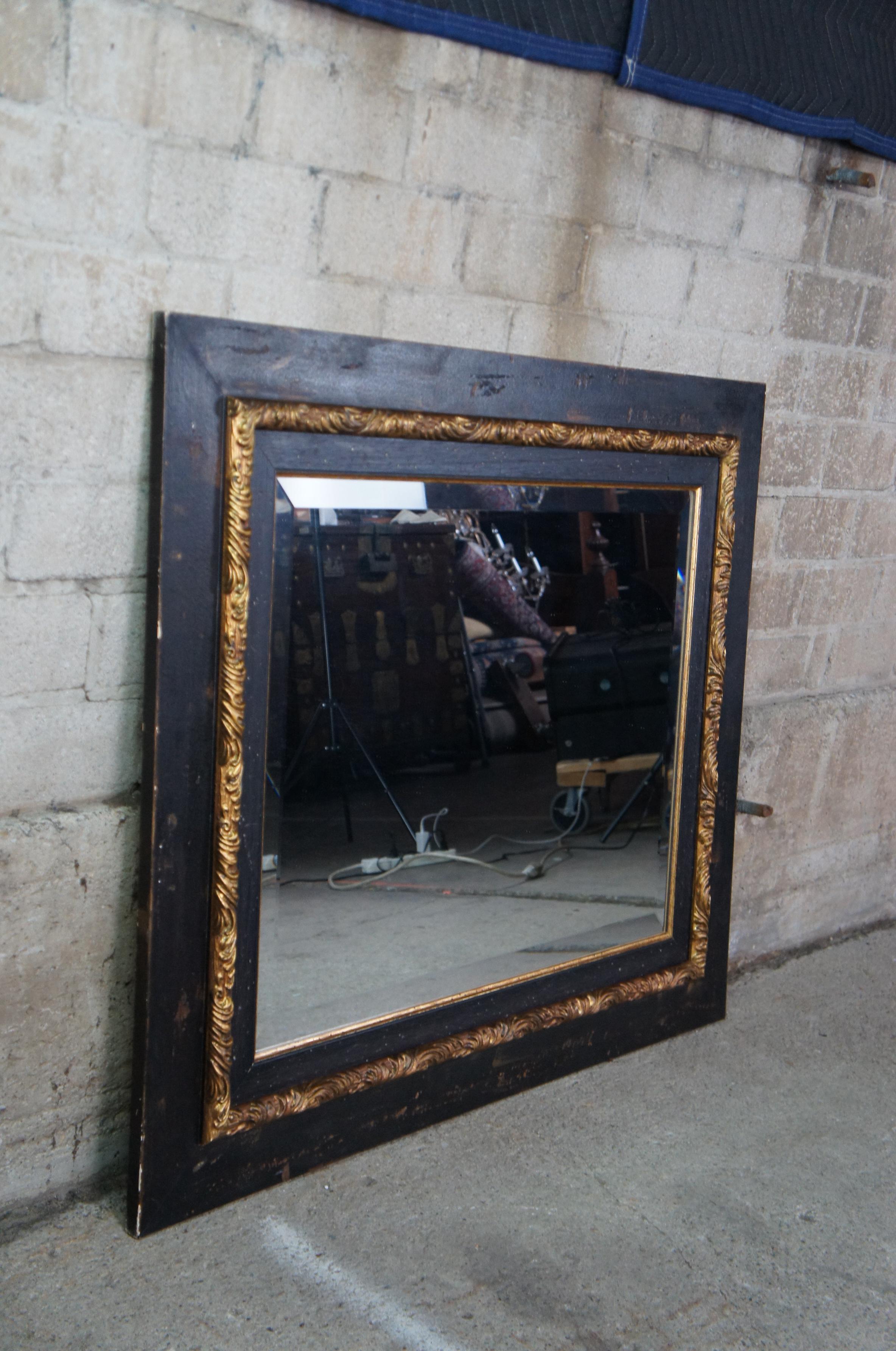 20th Century Vintage Rustic Black Gold Acanthus Rectangular Beveled Wall Vanity Mirror