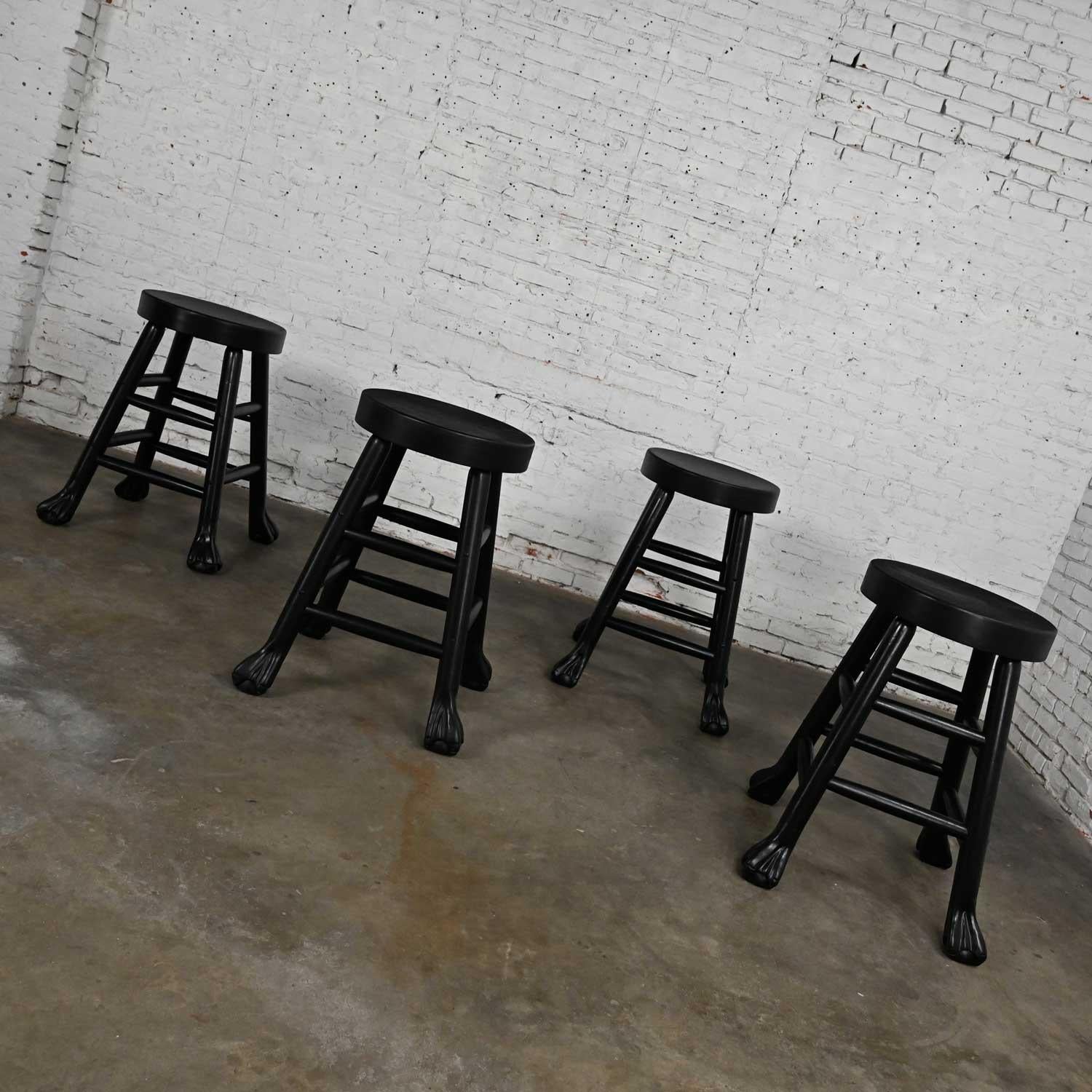 Vintage Rustic Blackened Solid Hardwood Chunky Claw Foot Barstools Set of 4 For Sale 3
