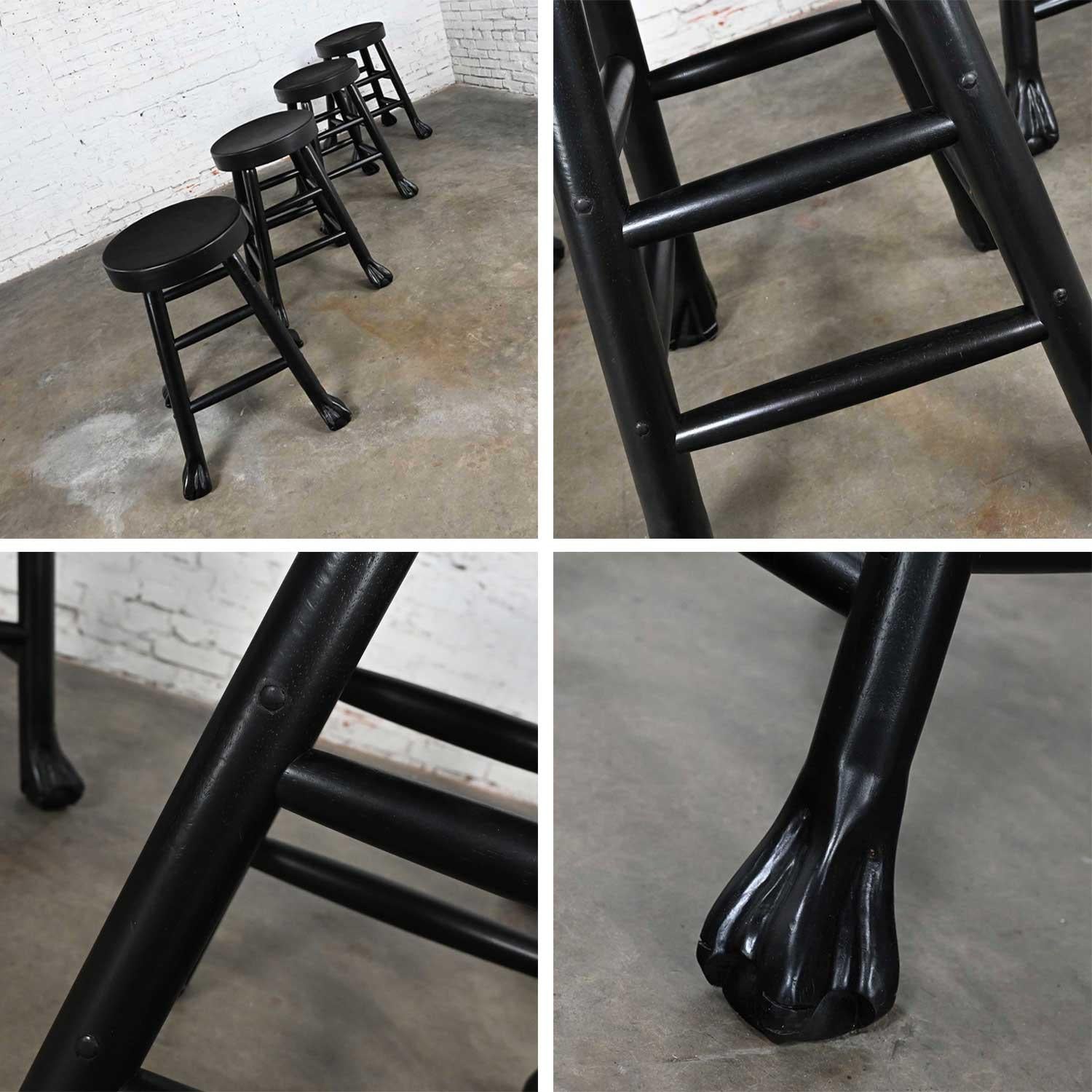 Vintage Rustic Blackened Solid Hardwood Chunky Claw Foot Barstools Set of 4 For Sale 4