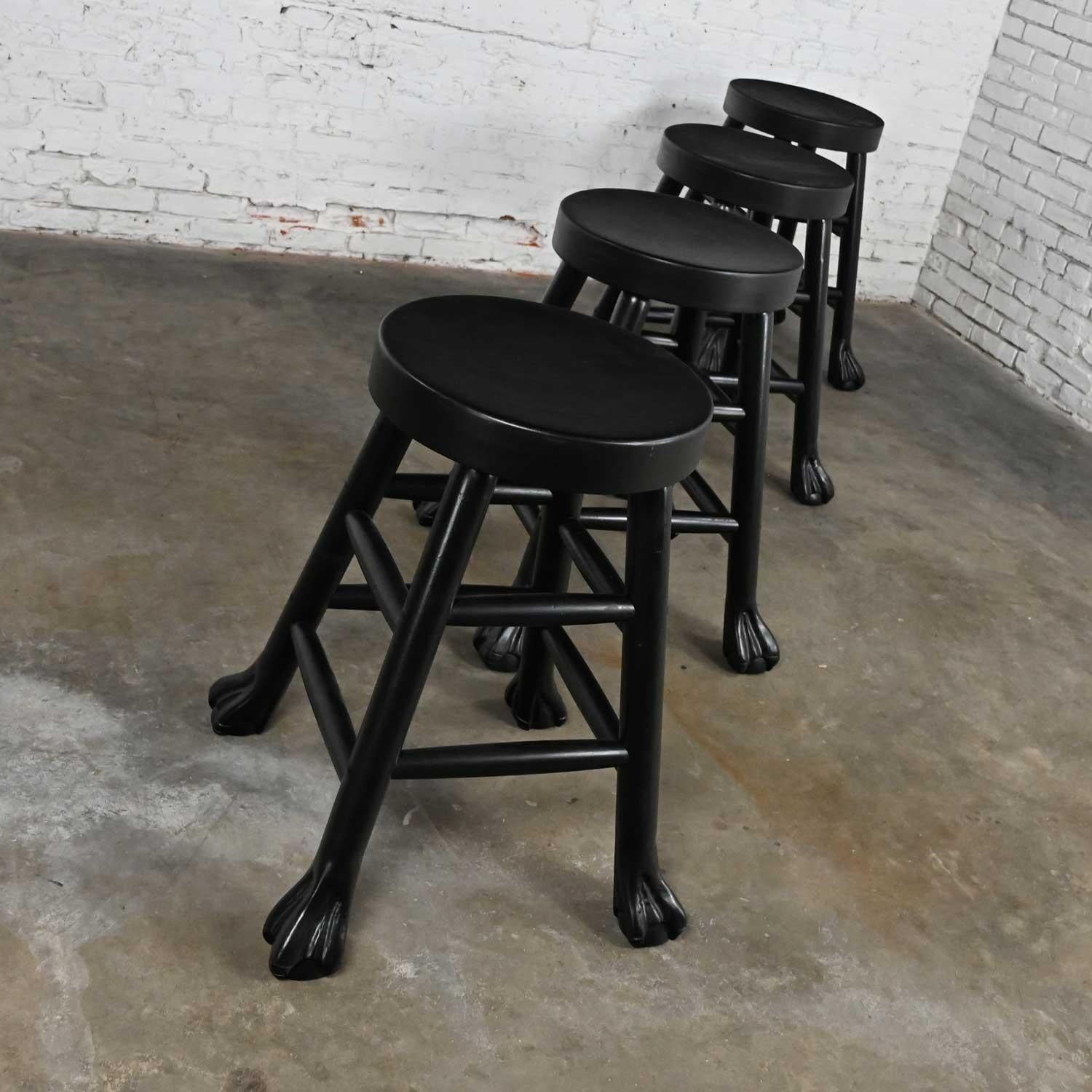 Vintage Rustic Blackened Solid Hardwood Chunky Claw Foot Barstools Set of 4 For Sale 6