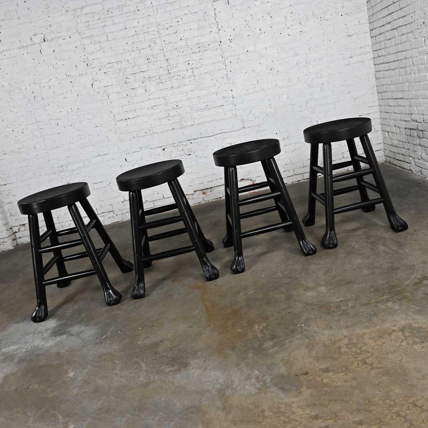 Vintage Rustic Blackened Solid Hardwood Chunky Claw Foot Barstools Set of 4 For Sale 7